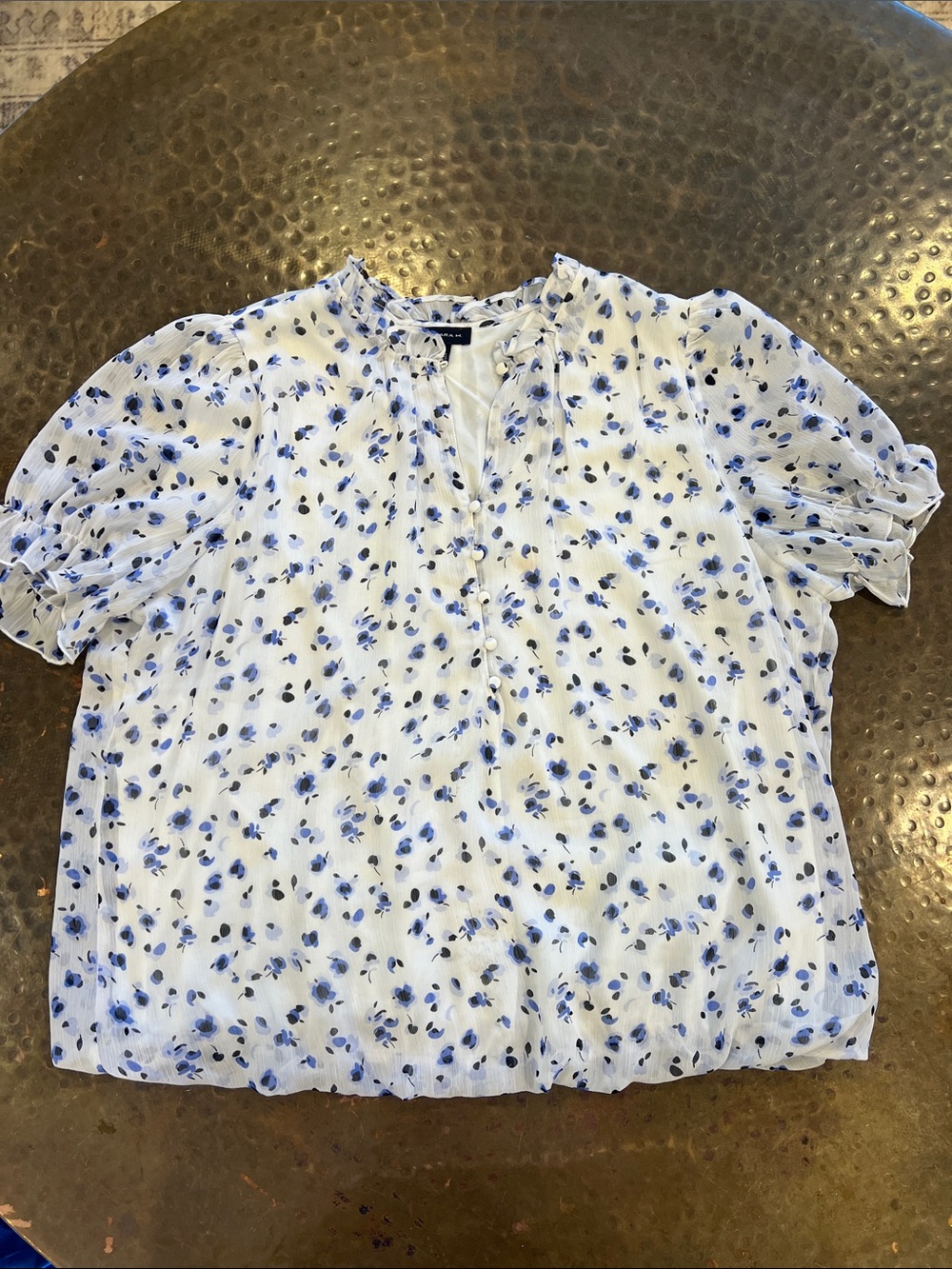 Women's White Blouse with Blue Floral Print and Puff Sleeves